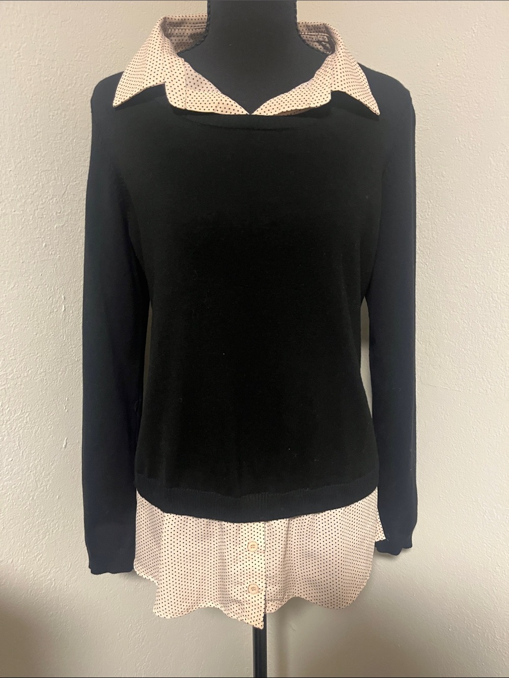 Adrianna Papell Black Sweater with Blush Pink Polka Dot Shirt Collar &Hem-Medium